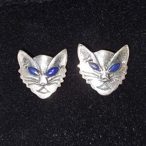 Vintage Solid 925 Sterling Silver & Lapis Lazuli MCM Scandinavian Cat Earrings